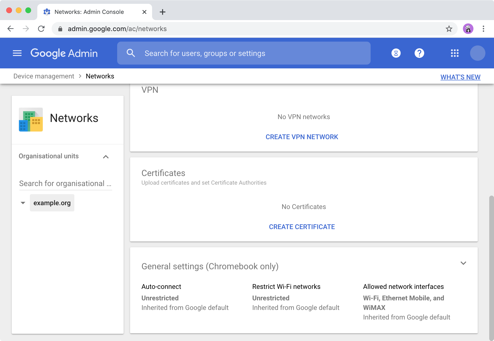 Google Admin console > Device management > Networks