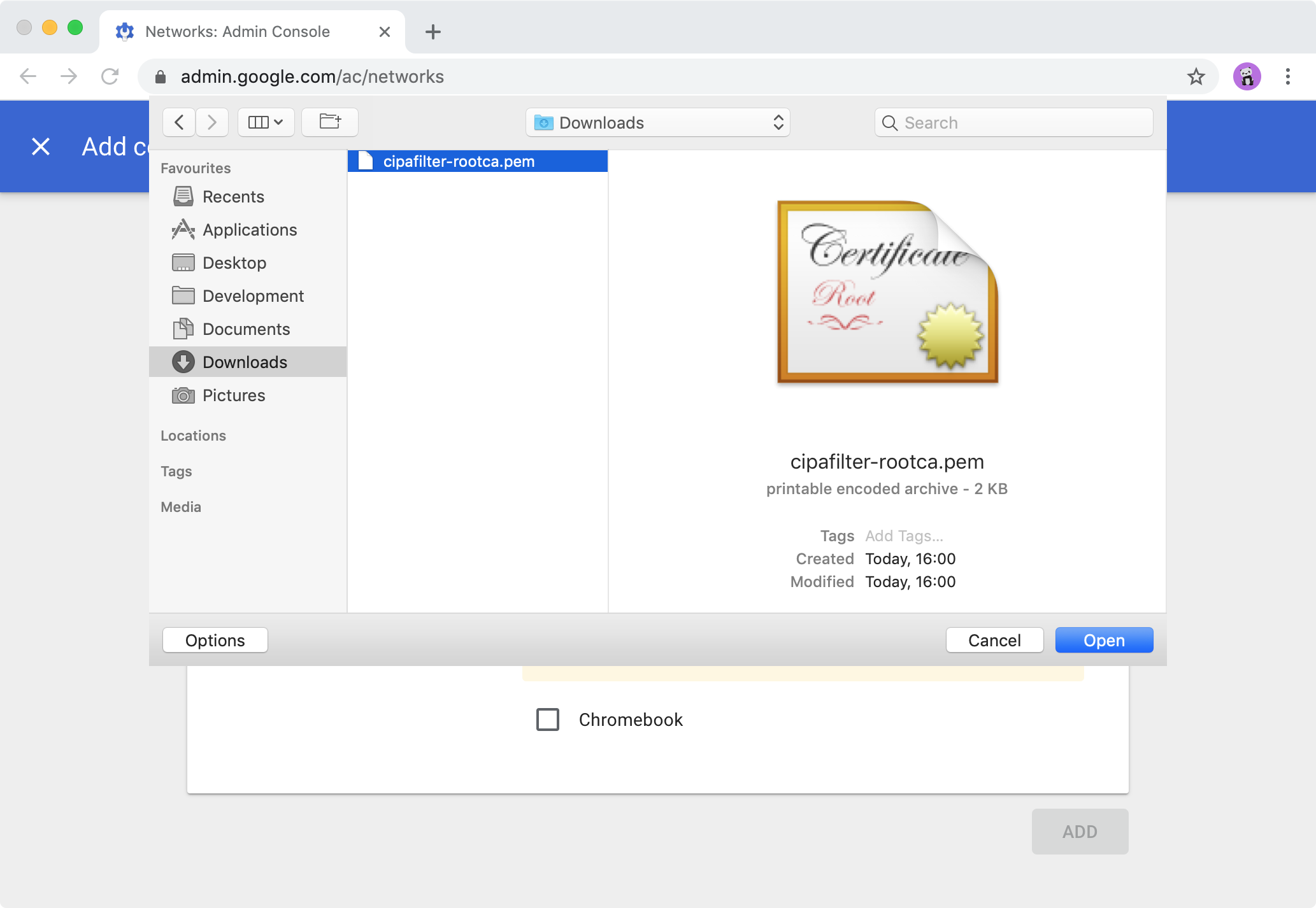 Google Admin console file chooser