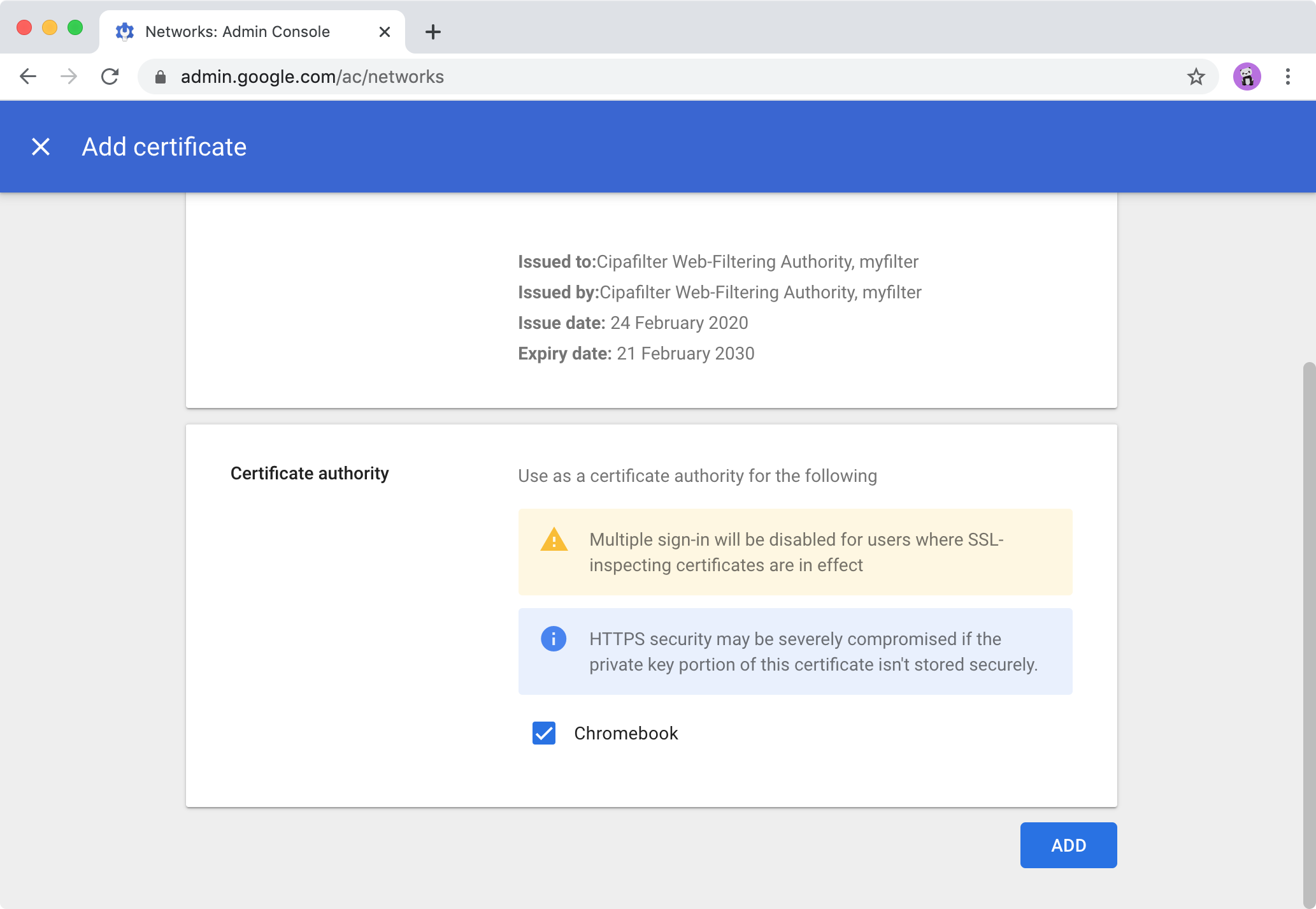 Google Admin console > Add certificate