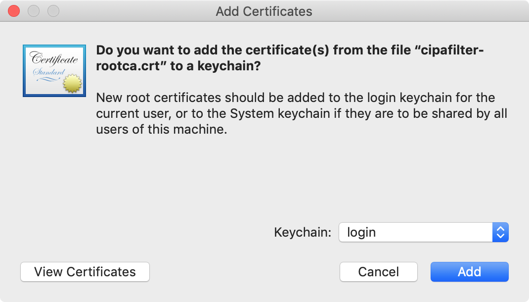 Keychain Access Add Certificates dialog
