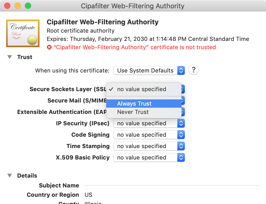 macOS certificate trust settings